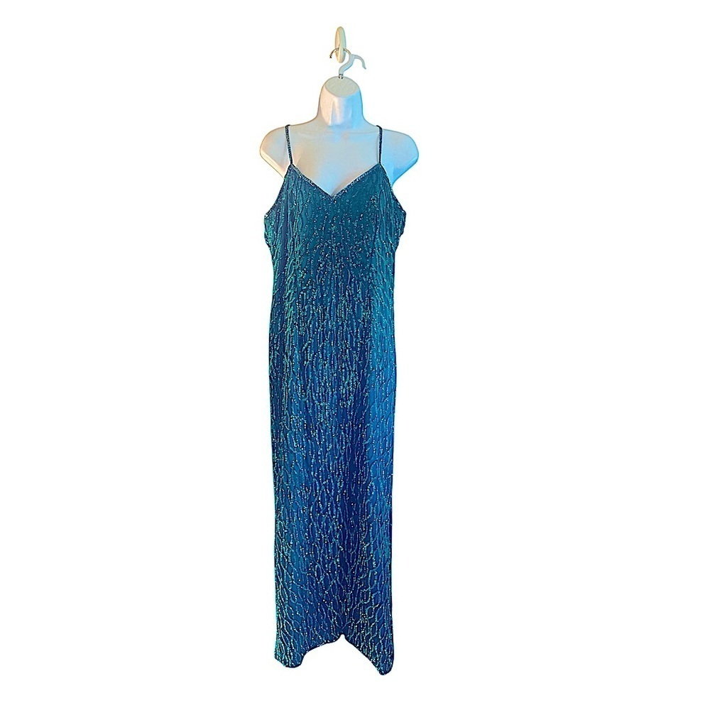 Laurence Kazar Vintage Dress Size XL Emerald Green Sequin Silk Spaghetti Straps